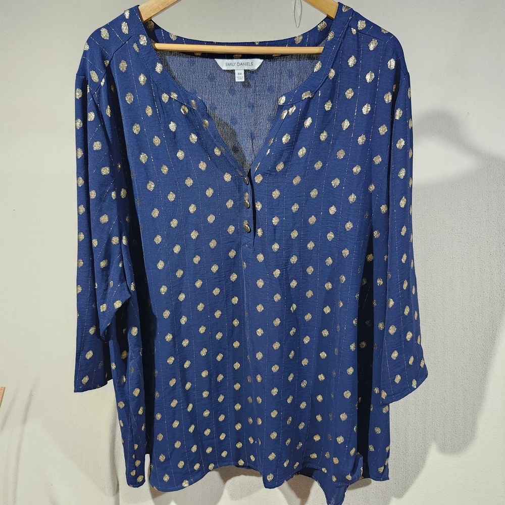 Emily Daniels Navy Blue Gold Metallic Polka Dot Henley Blouse 3X Plus Size